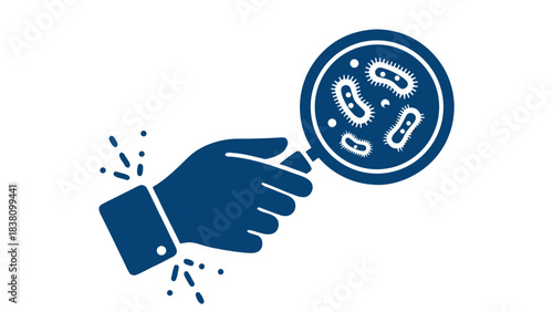 Close Up Of A Hand In A Blue Suit Holding A Magnifying Glass Over Microscopic Bacteria Cells On A Black Background With Splatter Effects