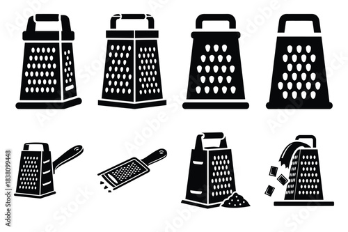 Set of Minimalist black chocolate grater kitchen tool silhouette icon set