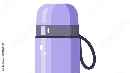 Close Up of a Lavender Thermos Bottle with a Gray Band and Attached Loop for Carrying on a Simple Black Background