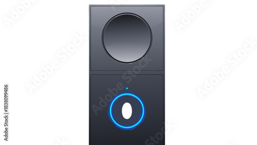 Close Up Of A Modern Digital Doorbell With A Glowing Blue Neon Ring And A Circular Speaker Grill Against A Dark Background