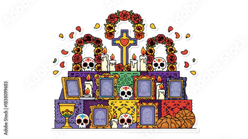 Colorful Altar Dedicated to Loved Ones Adorned with Skulls Roses and Candles for Dia De Muertos Celebration