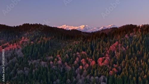 Stunning aerial view of revealing Caucasus snowy mountains from the rugged rocks and dense forest, illuminated by a full moon perfectly centered in the sky. winter drone landscape captured from above.