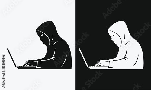 Anonymous hooded figure working on a laptop in a stark black and white illustration