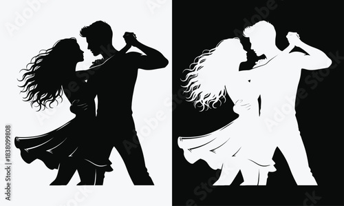 Elegant couple dancing a passionate tango in contrasting black and white silhouettes