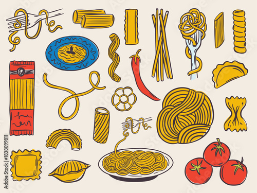 Whimsical hand drawn set of pasta illustrations in Italian style. Cute doodle food icons featuring spaghetti, penne, and ravioli — perfect for menus, posters, and Mediterranean design.