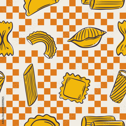 Playful Mediterranean pasta design with quirky line art noodles. Seamless pattern ideal for kitchen decor, wrapping paper, or restaurant branding. Cute background with spaghetti, penne, and ravioli.