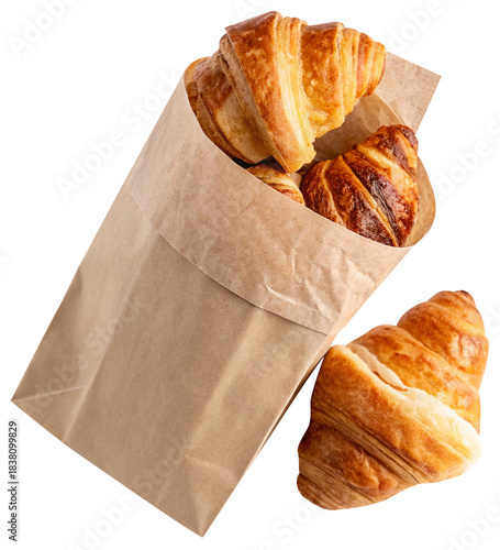 paper bag with tasty croissant on white background