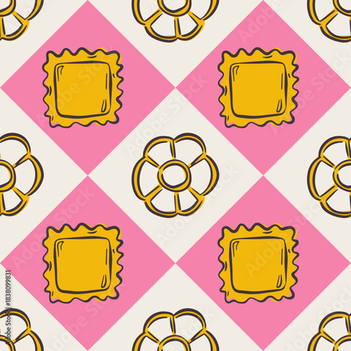 Playful Mediterranean pasta design with quirky line art noodles. Seamless pattern ideal for kitchen decor, wrapping paper, or restaurant branding. Cute background with spaghetti, penne, and ravioli.