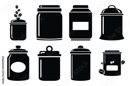 Set of Minimalist black coffee bean canister kitchen tool silhouette icon set