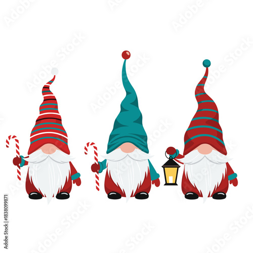 A charming trio of cute Christmas gnomes with long white beards and festive hats holding candy canes and a lantern.