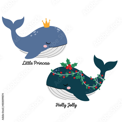 Two adorable cartoon whales one a little princess with a crown and the other a festive Christmas whale.