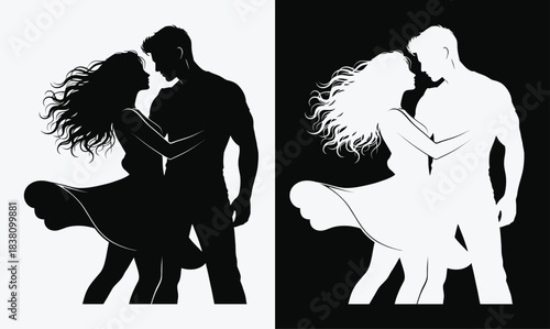 Romantic couple dancing a passionate tango in contrasting black and white silhouettes