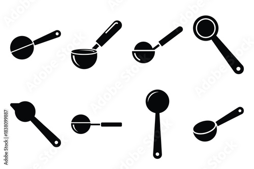 Set of Minimalist black coffee scoop kitchen tool silhouette icon set