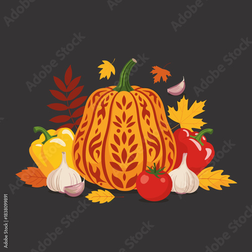 An autumn harvest still life featuring a large ornamental pumpkin surrounded by fresh vegetables and fall leaves.