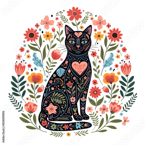 A beautiful black cat with intricate floral folk art patterns sitting gracefully inside a colorful flower wreath.