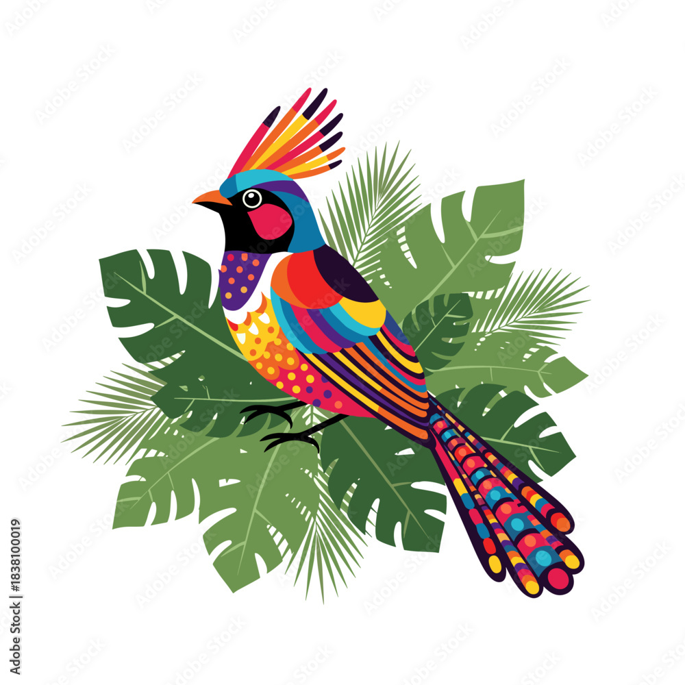 Fototapeta premium A vibrant and colorful exotic bird with a decorative crest perched among lush green tropical jungle leaves.
