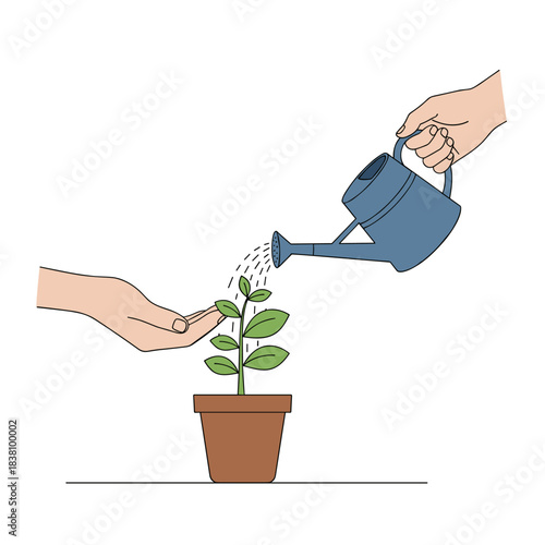 Two hands carefully nurturing a small potted plant with one hand supporting it and the other watering it from a can.