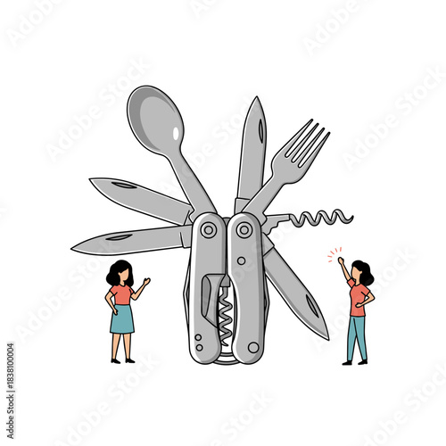A giant multi-tool pocket knife with various functions unfolded surrounded by two small cartoon people.