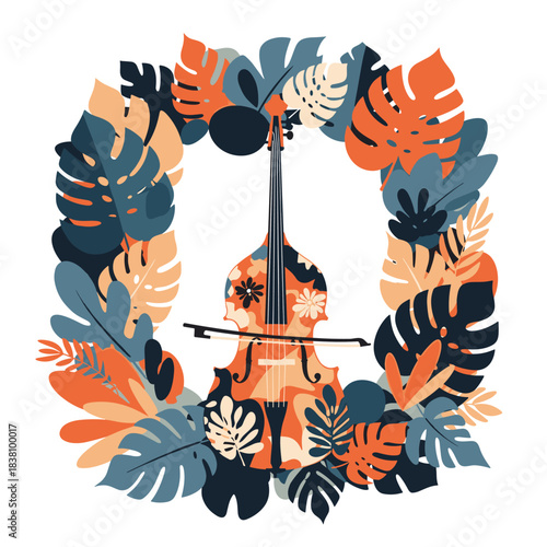 A beautiful floral patterned double bass with a bow resting inside a vibrant wreath of colorful tropical leaves.