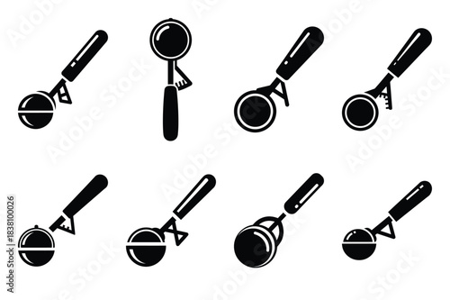 Set of Minimalist black cookie scoop kitchen tool silhouette icon set
