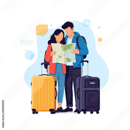 A young tourist couple with luggage standing together and looking at a map to plan their travel route.