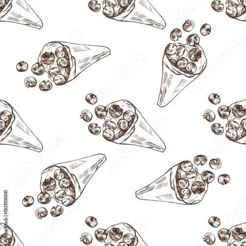 Hand drawn vintage seamless pattern of roasted chestnuts in paper cones, brown monochrome sketch on white background