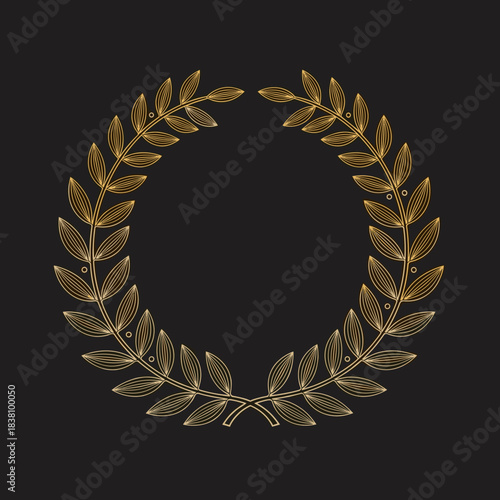 An elegant golden laurel wreath symbolizing victory and honor with a gradient effect on a solid black background.