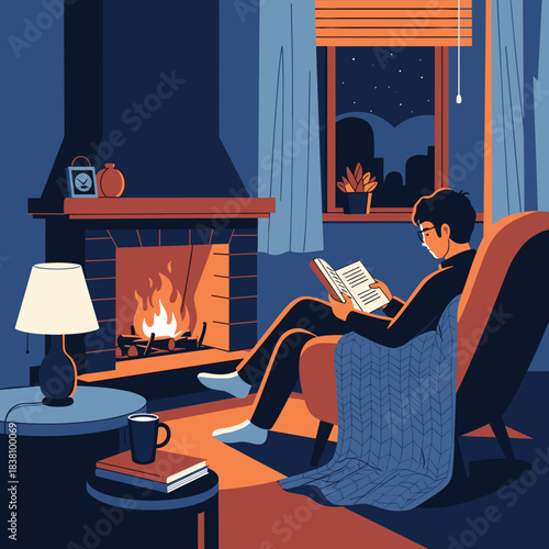 A person enjoying a quiet evening reading a book in a cozy armchair next to a warm and inviting fireplace.