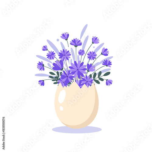 A creative composition of a beautiful bouquet of purple wildflowers blooming from inside a cracked eggshell vase.