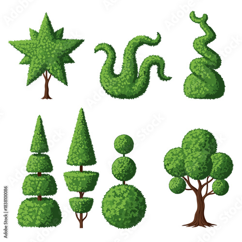 A collection of six meticulously trimmed green topiary trees and shrubs in various artistic and geometric shapes.