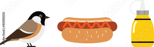Cute cartoon bird with hot dog and mustard bottle icon set, playful food and animal flat vector illustration