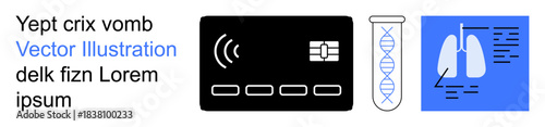 Biotechnology, financial security, healthcare, scientific research, payment, data analysis. A credit card and DNA tube with medical lungs graphic. Biotechnology and healthcare