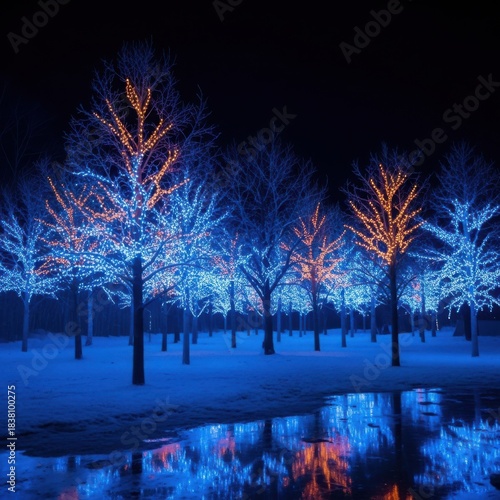Enchanting winter forest illuminated by vibrant blue and orange lights reflecting on a dark water surface creating a magical nighttime scene