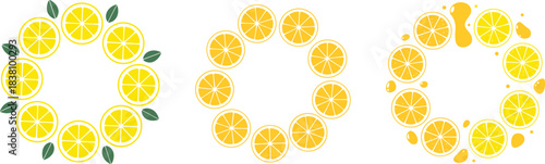 Citrus lemon wreath vector collection featuring sliced lemons, leaves, juice splashes, and decorative circular fruit arrangements in bright style.