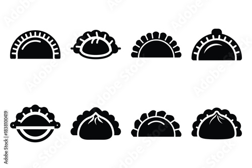 Set of Minimalist black dumpling mold kitchen tool silhouette icon set