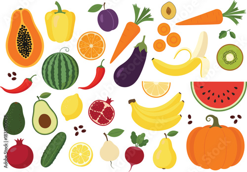 Colorful mixed fruit and vegetable vector collection featuring papaya, bananas, peppers, pumpkin, avocado, kiwi, watermelon, carrot, and pomegranate.