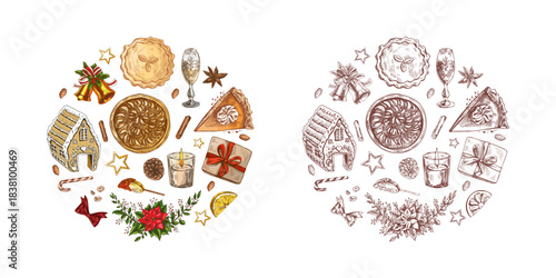 Hand drawn vintage Christmas circle set with color and monochrome versions, holiday desserts and winter decor