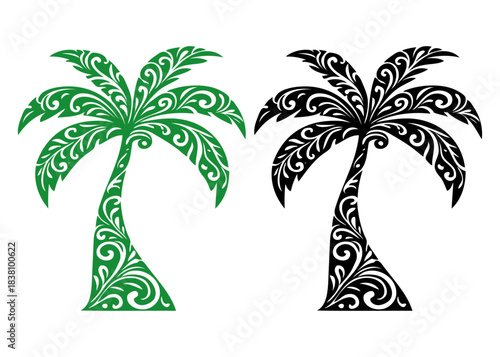 Logo paraíso tropical. Silueta decorada con florituras de la palma  