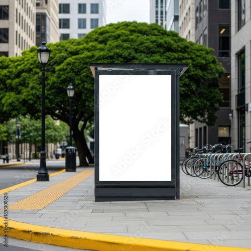 Blank advertising billboard displaying white space on a city sidewalk surrounded by greenery and buildings