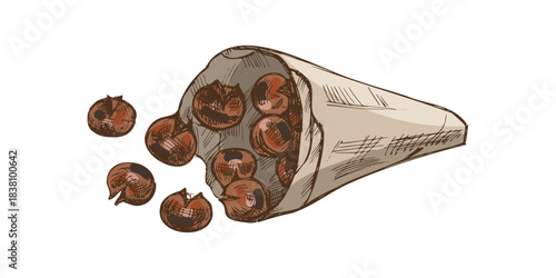 Hand drawn vintage sketch of roasted chestnuts in paper cone, detailed color food illustration, isolated on white