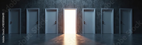 Person faces multiple closed doors with one open door emitting bright light. This represents choice or opportunity. Individual must decide which path to take. Decision making future success hope.