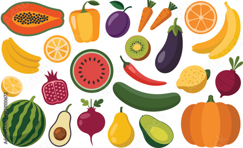 Colorful fruit and vegetable vector collection featuring papaya, bananas, peppers, pumpkin, cucumber, avocado, kiwi, watermelon, pear, and pomegranate.
