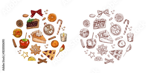 Hand drawn vintage sketch of Christmas dessert circle set with color and monochrome version, traditional holiday sweets