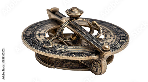 Antique brass diptych sundial instrument with intricate engraving on a stark