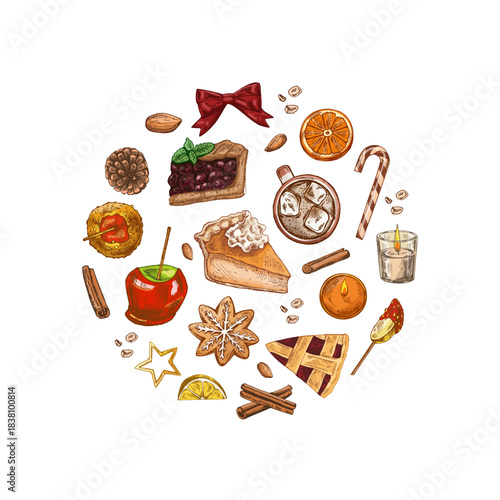 Hand drawn vintage sketch of Christmas dessert circle set with pies, mulled wine and holiday sweet treats