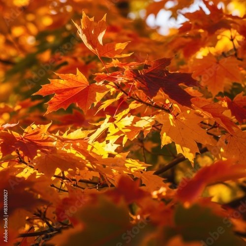 Vibrant autumn maple leaves bathed in warm sunlight creating a beautiful natural tapestry of fall colors
