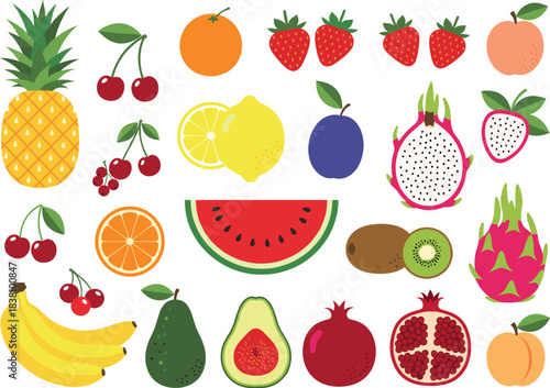Colorful assorted fruit vector collection featuring pineapple, cherries, strawberries, lemons, dragon fruit, kiwi, watermelon, bananas, avocado, figs, and pomegranate.