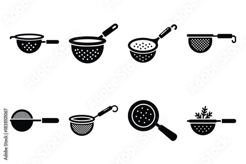 Set of Minimalist black herb strainer kitchen tool silhouette icon set