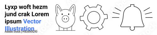 Piggy bank, gear, and bell with sound lines representing saving, configuration, and alert systems. Ideal for finance, technology, settings, notifications savings alerts simple landing page