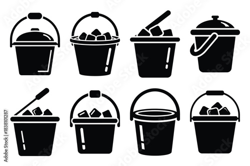 Set of Minimalist black ice serving bucket kitchen tool silhouette icon set